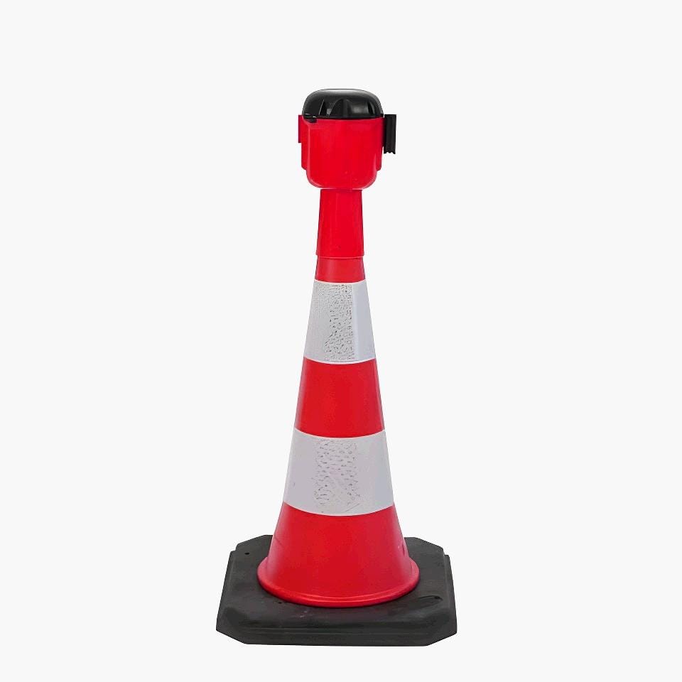 Słupki drogowe w kolorze czerwonym i białym, wyposażone w czarny element na górze, które służą do oznaczania stref ograniczonego ruchu lub miejsc niebezpiecznych. Ważne dla bezpieczeństwa pracy i ochrony środowiska na drogach.