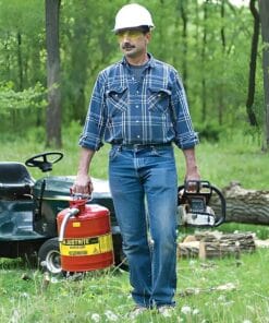 Mężczyzna w kasku ochronnym i okularach ochronnych niesie piłę łańcuchową oraz zbiornik na paliwo w otoczeniu zielonej przyrody. W tle widać narzędzie do koszenia trawy. Obraz podkreśla znaczenie bezpieczeństwa pracy w leśnictwie i ochrony środowiska.