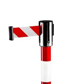 Przeszkoda drogowa z barierką w kolorze czerwono-białym, używana do zaznaczania stref bezpieczeństwa i regulacji ruchu. Elementy ochrony środowiska, takie jak bariery, zapewniają bezpieczeństwo w trakcie prac budowlanych oraz są istotne w kontekście ochrony środowiska.