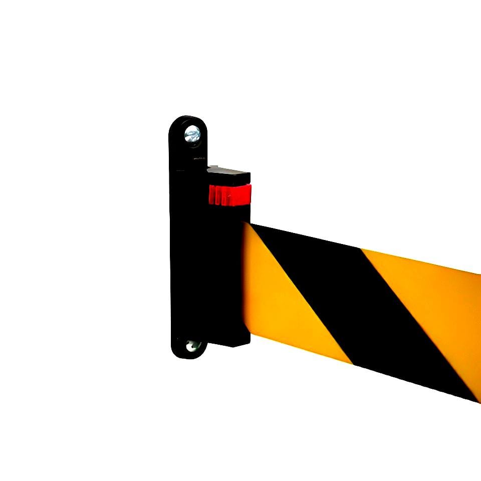 Bariera bezpieczeństwa o czarno-żółtym pasku, montowana do ściany, z sygnalizatorem świetlnym. Używana w środkach awaryjnych do oznaczania stref niebezpiecznych i zapewnienia bezpieczeństwa pracy.