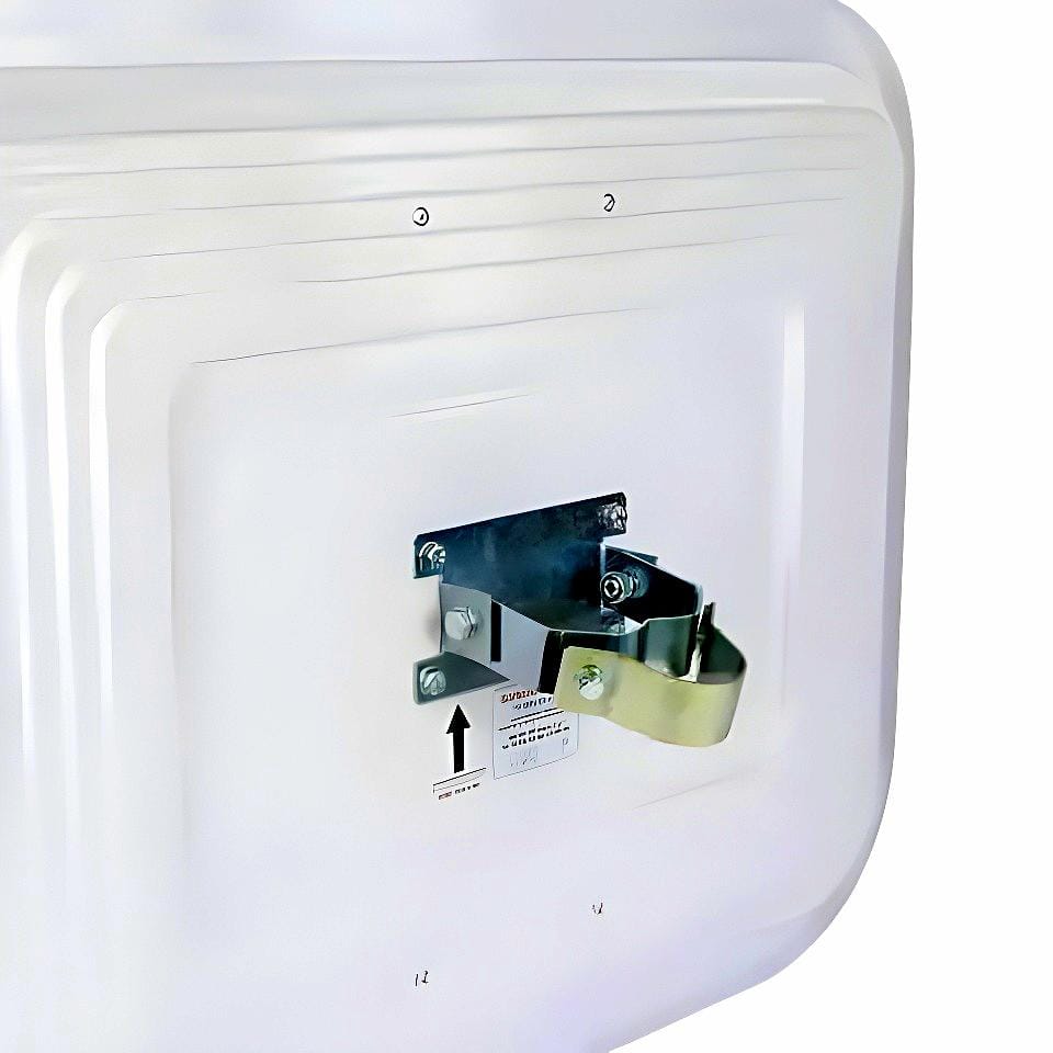 Obrazek przedstawia metalowy element mocujący zamontowany na tylnej części białej tablicy. Element charakteryzuje się prostą konstrukcją, z oznaczeniem kierunku w górę oraz oznaczeniem chemicznym. Używany do zwiększenia bezpieczeństwa pracy w różnych zastosowaniach.