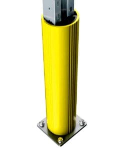 Żółty słupek strefowy wykonany z tworzywa, z metalową podstawą i mocowaniami. Element używany do oznaczania stref bezpieczeństwa, zwiększający ochronę środowiska pracy. Idealny do zastosowań w magazynach i fabrykach.