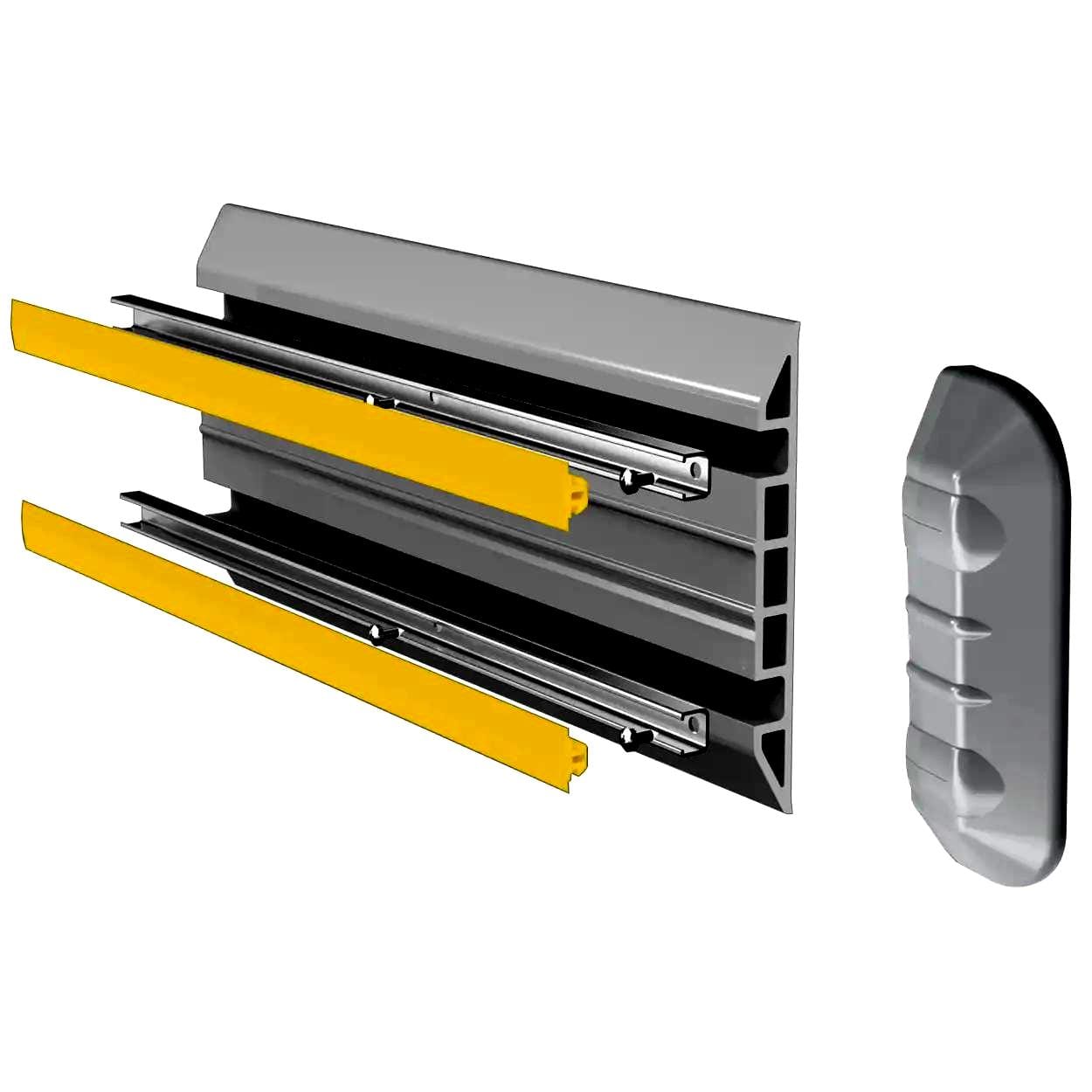 Schemat komponentów systemu zabezpieczeń z żółtymi listwami. Elementy pokazują szynę montażową i akcesoria, które zwiększają bezpieczeństwo pracy w obszarach przemysłowych. Idealne rozwiązanie do ochrony środowiska pracy.