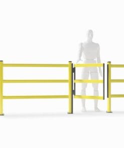 Model żółtej bramki ochronnej z figurą przedstawiającą osobę przechodzącą przez nią, ilustrujący znaczenie bezpieczeństwa pracy i środków awaryjnych w środowisku przemysłowym.