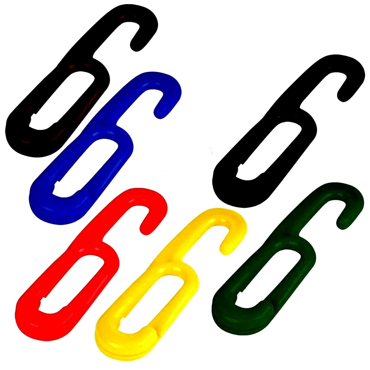 Wiele kolorowych, plastikowych haków przypominających cyfrę 6, w kolorach czarnym, niebieskim, czerwonym, żółtym i zielonym, leżących na białym tle, używanych do różnych zastosowań w przestrzeni roboczej i środowiskowej.