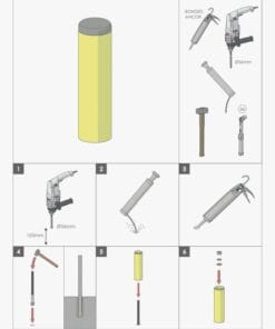Instrukcja instalacji słupka przeciwnarzędziowego z pokazanymi krokami, w tym wiercenie, wprowadzanie kleju i umieszczanie słupka w betonie. Przykłady narzędzi i materiały wykorzystywane w procesie. Bezpieczeństwo pracy i ochrona środowiska podczas instalacji.