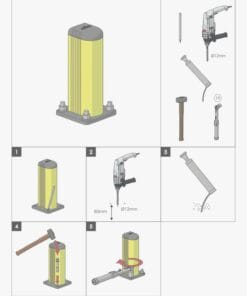Instrukcje instalacji protinárażowego słupka przedstawione w pięciu krokach, w tym montaż, użycie narzędzi i techniki. Schemat ilustruje sposób użycia narzędzi oraz krok po kroku, jak zainstalować produkt dla bezpieczeństwa pracy i ochrony środowiska.