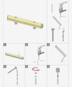 Schemat instalacji ochronnego niskiego naraznika, ilustrujący poszczególne kroki montażu, w tym użycie narzędzi oraz wymagań dotyczących średnic i dystansów. Instrukcja wspiera bezpieczeństwo pracy w kontekście stosowania elementów ochronnych.