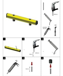 Instrukcja instalacji ochronnego niskiego zderzaka, prezentująca sześć etapów montażu. Zawiera ilustracje narzędzi, wymiarów oraz kroków potrzebnych do zapewnienia bezpieczeństwa pracy i ochrony środowiska w obiektach przemysłowych.