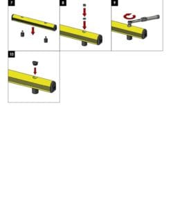 Instrukcje instalacji ochronnego niskiego narożnika, przedstawiające cztery kroki montażu. Wskazuje na umieszczanie elementów, ich mocowanie oraz finalne wykończenie. Dostosowanie do standardów bezpieczeństwa pracy i ochrony środowiska w miejscu pracy.