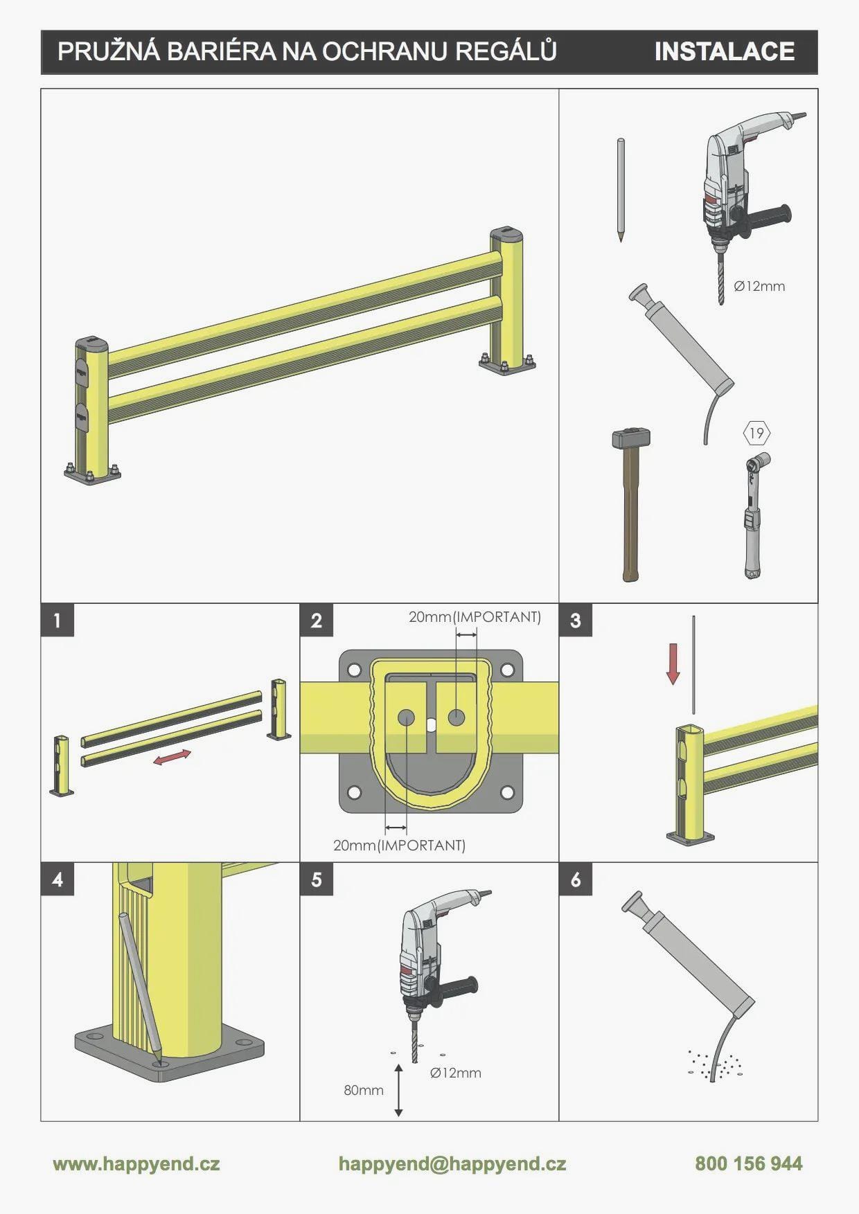 Schemat instalacji elastycznej bariery ochronnej na regały, przedstawiający poszczególne kroki montażu, użycie narzędzi oraz szczegóły techniczne, ze szczególnym uwzględnieniem bezpieczeństwa pracy i ochrony środowiska.