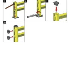 Instrukcja montażu sprężnej bariery ochronnej na regały. Ilustracje przedstawiają kolejne etapy instalacji, w tym użycie narzędzi oraz odpowiednie mocowanie elementów. Kluczowe dla zapewnienia bezpieczeństwa pracy w magazynach i innych przestrzeniach roboczych.