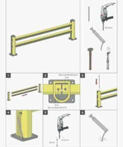 Diagram instalacyjny sprężnej bariery ochronnej, pokazujący kroki montażu oraz niezbędne narzędzia. Grafika ilustruje instrukcje dotyczące ochrony regałów, podkreślając znaczenie bezpieczeństwa w miejscu pracy oraz środki awaryjne.