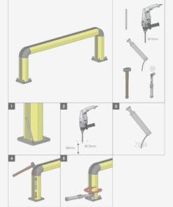 Schemat instalacji łukowego narożnika z narzędziami i krokami, pokazujący proces montażu, w tym wiercenie otworów, użycie kleju oraz mocowanie elementów. Pomaga w zapewnieniu bezpieczeństwa pracy i ochrony środowiska w przestrzeniach przemysłowych.