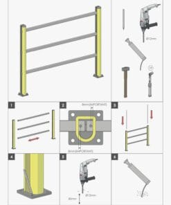 Instrukcja instalacji lekkiego liniowego zabaradla, przedstawiająca kolejne kroki montażu z użyciem narzędzi. Grafika zawiera wizualizacje z zaznaczeniem wymagań dotyczących rozmiarów i ważnych pomiarów. Elementy zabradla w jasnych kolorach, układ składający się z słupków i rur, pomocny w zapewnieniu bezpieczeństwa pracy.