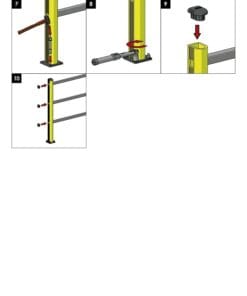 Ilustracje przedstawiające instalację lekkich linowych zabałdów, pokazujące kolejne kroki montażu, w tym użycie narzędzi oraz elementów konstrukcyjnych. Przydatne w kontekście bezpieczeństwa pracy i ochrony środowiska.