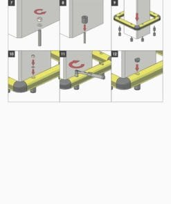 Instrukcja instalacji osłony na słup, przedstawiająca kroki montażu w formie graficznej. Kluczowe elementy to śruby, podkładki i narzędzia, zapewniające bezpieczeństwo pracy. Wskazówki wizualne ułatwiają prawidłowy montaż i użytkowanie.