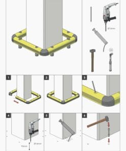 Ilustracja instrukcji montażu ochronnego narożnika słupa, pokazująca etapy instalacji, w tym przygotowanie miejsca, pomiar, wiercenie, aplikację materiału i uderzanie. Grafika podkreśla znaczenie zabezpieczeń w kontekście bezpieczeństwa pracy i ochrony środowiska.