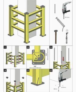 Instrukcja instalacji ochronnych zabałdli słoupów przy przedstawieniu krok po kroku, obejmująca rysunki ilustracyjne z narzędziami, oznaczeniami wymiarów oraz etapami montażu. Ważne informacje dotyczące bezpieczeństwa pracy i zabezpieczeń w środowisku przemysłowym.