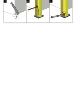 Ilustracje przedstawiające krok po kroku instalację osłon zaciskowych na słupach. Proces obejmuje wiercenie otworów, umieszczanie elementów oraz ich mocowanie. Instrukcje te związane są z bezpieczeństwem pracy i ochroną w miejscu zatrudnienia.