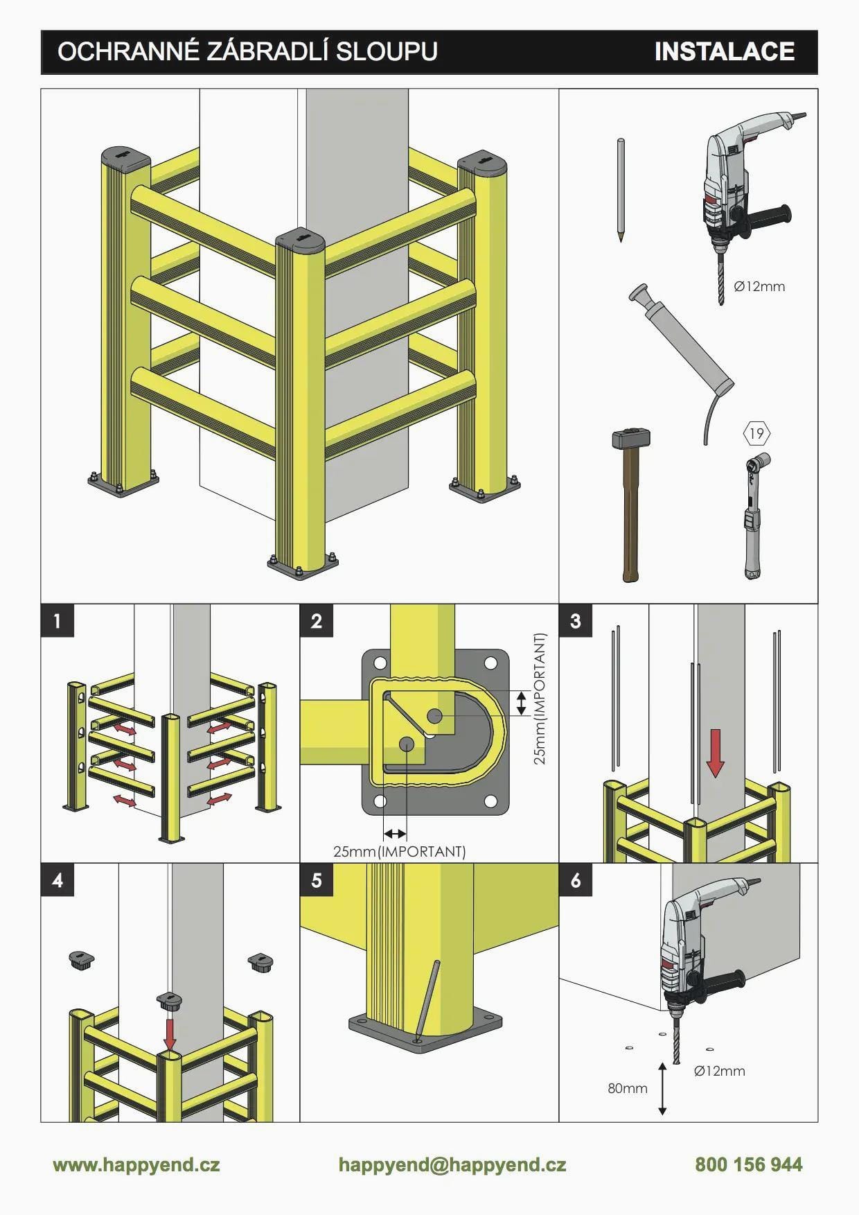 Ilustracja przedstawiająca instalację ochronnego zabaradla sloupu, z instrukcjami wykonania krok po kroku. Podkreślone wymiary i narzędzia. Wskazania dla bezpieczeństwa pracy i ochrony środowiska.