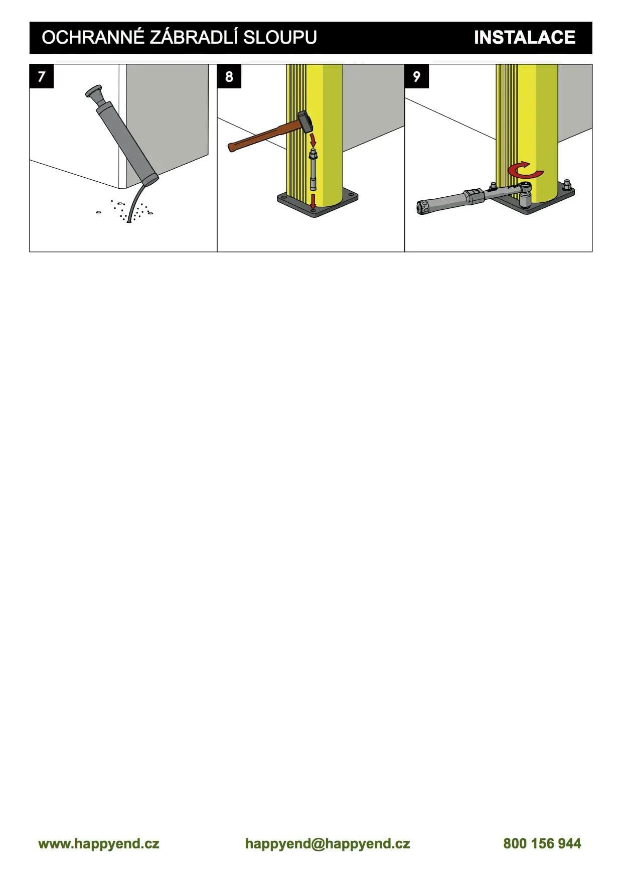 Ilustracje przedstawiające proces instalacji ochronnych zabaudli, w tym wprowadzenie elementów, mocowanie i ich ustawianie, co jest istotne dla bezpieczeństwa pracy w kontekście awaryjnych środków ochrony.