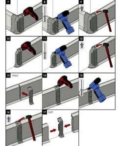 Instrukcja instalacji ochronnej podłogowej listwy, z ilustracjami demonstrującymi użycie narzędzi do montażu. Grafika przedstawia różne etapy procesu, zabezpieczenia podłogi oraz zastosowanie środków awaryjnych w kontekście bezpieczeństwa pracy.