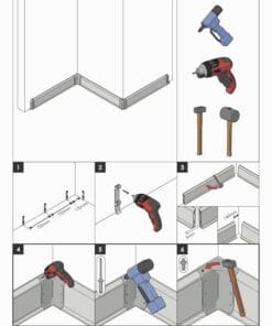 Diagram instalacji ochronnej listwy podłogowej, przedstawiający kroki i narzędzia potrzebne do montażu, takie jak wkrętarka i młotek. Przewodnik ilustrujący proces, istotny dla bezpieczeństwa pracy oraz ochrony środowiska w przestrzeni roboczej.