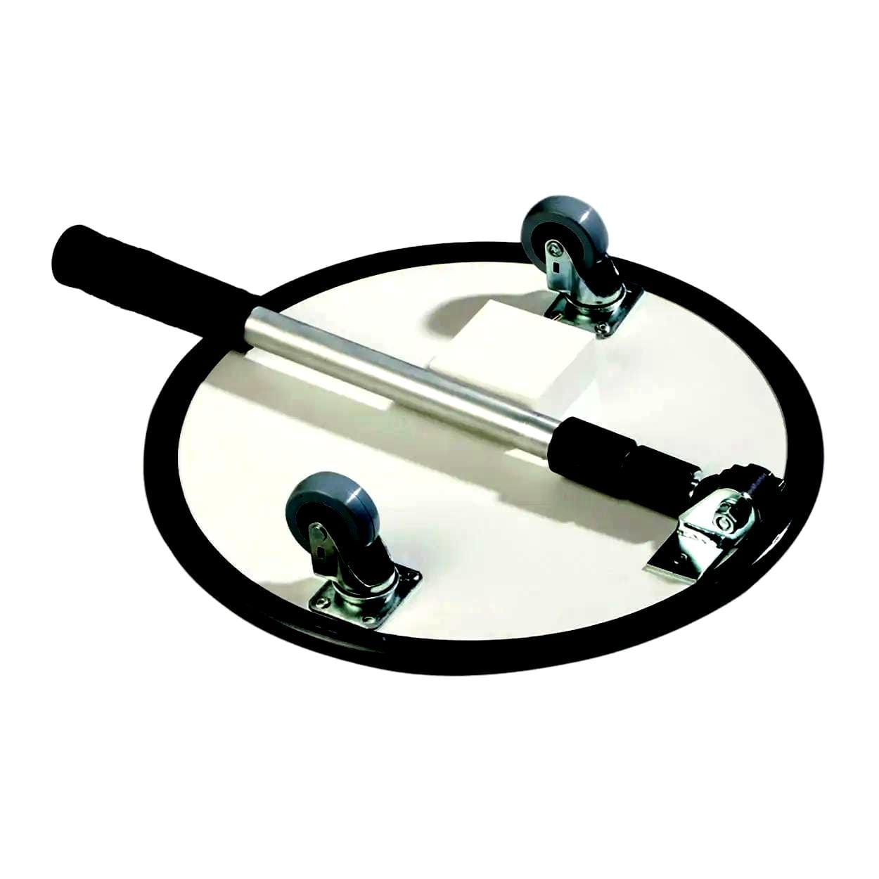 Obrazek przedstawia okrągłą platformę z uchwytem i kółkami, przeznaczoną do transportu lub przemieszczania przedmiotów. Wykonana z trwałych materiałów, stanowi praktyczne narzędzie w zakresie bezpieczeństwa pracy i organizacji przestrzeni roboczej.