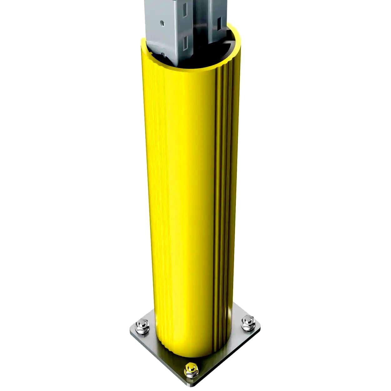 Wysoka, żółta osłona ochronna wykonana z tworzywa sztucznego, z metalową podstawą, służąca do zabezpieczania słupków i urządzeń w miejscach pracy. Elementy te zwiększają bezpieczeństwo pracy oraz mogą być używane w kontekście ochrony środowiska i odpowiednich środków awaryjnych.