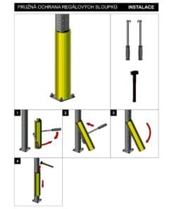 Ilustracja przedstawiająca instalację elastycznej ochrony słupków regałowych, z numerowanymi krokami instrukcji i narzędziami, zapewniającymi bezpieczeństwo pracy i ochronę środowiska w miejscu składowania. Idealne rozwiązanie w sytuacjach awaryjnych.