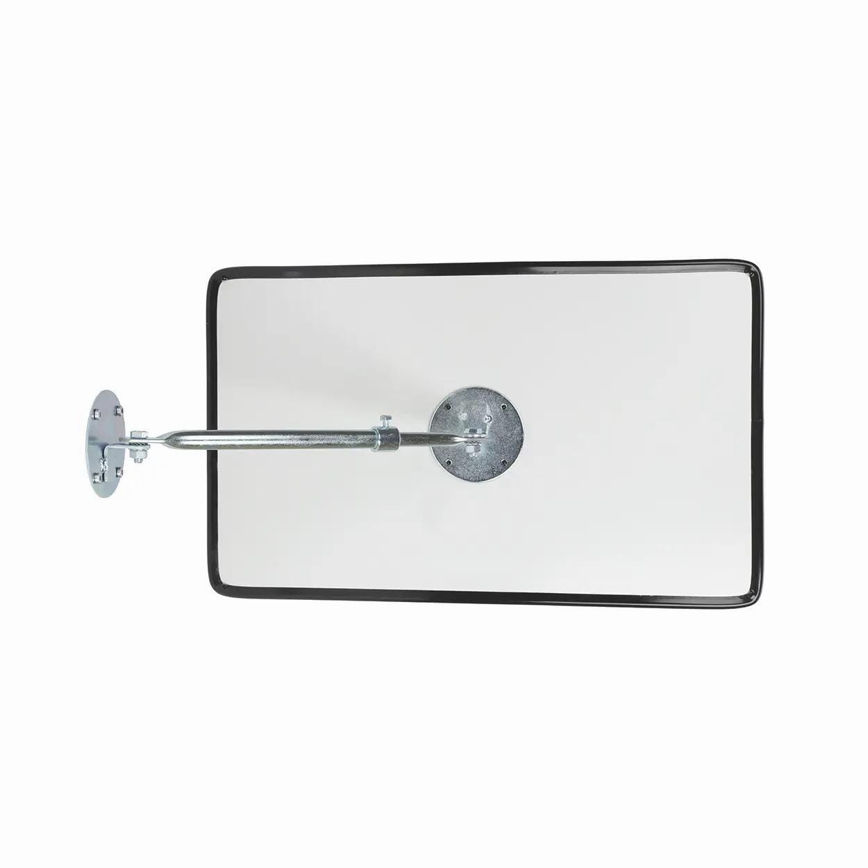 Uchwyt z dużą, prostokątną, białą powierzchnią z czarną ramką, zamocowany na metalowym ramieniu, idealny do zastosowań w zakresie bezpieczeństwa pracy i monitorowania.