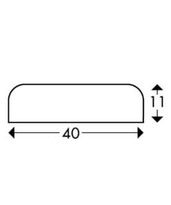 Rysunek przedstawiający kształt prostokąta o zaokrąglonych krawędziach. Wymiary: długość 40 jednostek, wysokość 11 jednostek. Idealny do projektów związanych z ochroną środowiska i ekologią.