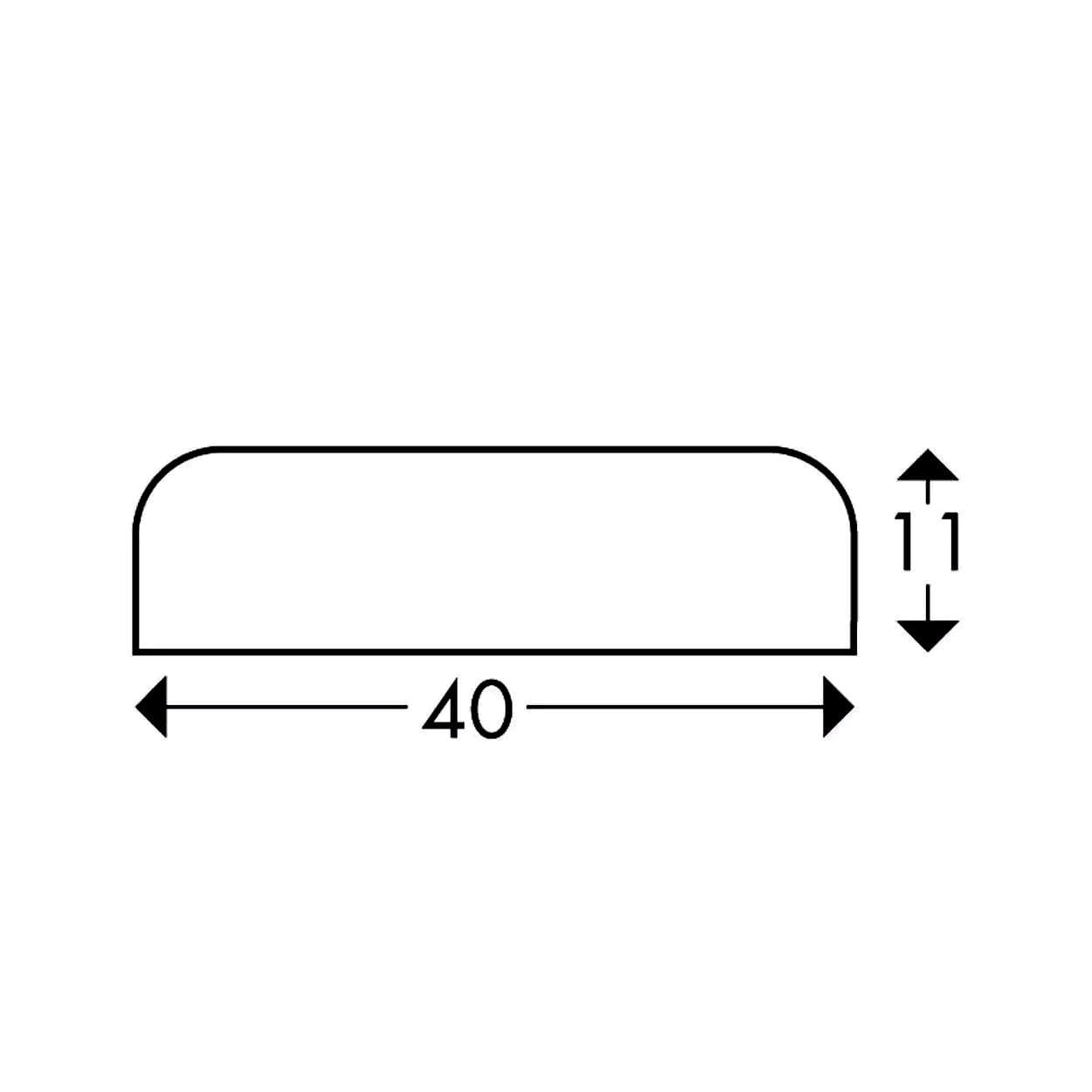 Schemat prostokątnej obudowy o wymiarach 40 mm długości i 11 mm wysokości, z zaokrąglonymi krawędziami, idealny do zastosowań w dziedzinie bezpieczeństwa pracy i ochrony środowiska.