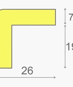Rysunek żółtego kształtu podobnego do litery L z wymiarami: wysokość 19 cm, szerokość 26 cm, grubość 7 cm. Element może być użyty w kontekście ochrony środowiska lub ekologii, służąc jako przykład rozwiązań w budownictwie.