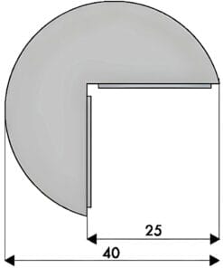 Rysunek prezentujący widok techniczny części o zaokrąglonym kształcie, z wymiarami 40 mm szerokości oraz 25 mm wysokości. Element ten może być użyty w różnych aplikacjach związanych z bezpieczeństwem pracy lub ochroną środowiska.
