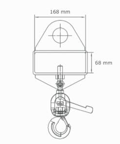 Diagram przedstawiający wciągarkę z wymiarami 168 mm i 68 mm, z widocznym zaczepem i mechanizmem dźwigniowym. Obrazek ilustruje sprzęt wykorzystywany w bezpieczeństwie pracy, oferując wizualizację oraz techniczne szczegóły konstrukcji.
