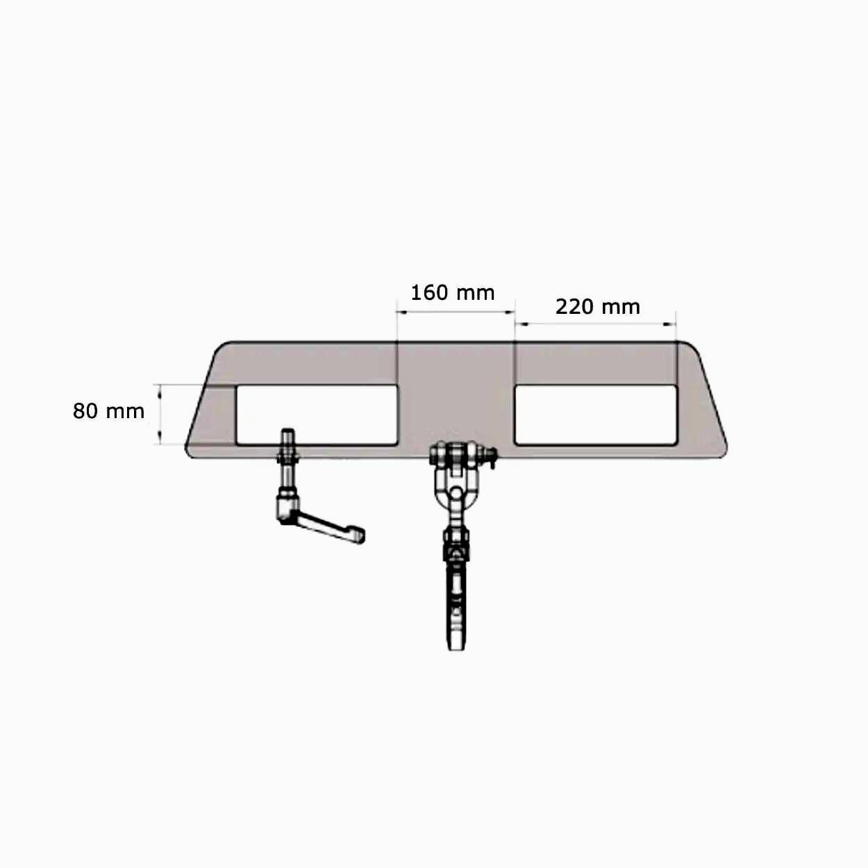 Rysunek techniczny przedstawiający wymiary osłony o szerokości 220 mm i wysokości 80 mm, z dwoma oknami o szerokości 160 mm. Elementy montażowe skupione w centralnej części z pokrętłem do regulacji, co może być przydatne w kontekście bezpieczeństwa pracy i ochrony środowiska.