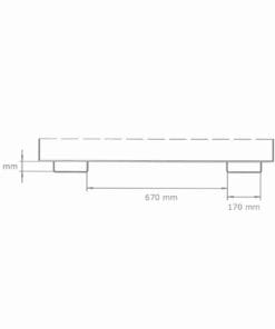 Rysunek techniczny przedstawiający wymiary obiektu: długość 670 mm, szerokość 170 mm oraz wysokość 75 mm. Schemat identyfikuje podstawowe wymiary, co jest przydatne w kontekście bezpieczeństwa pracy oraz stosowanych środków awaryjnych.