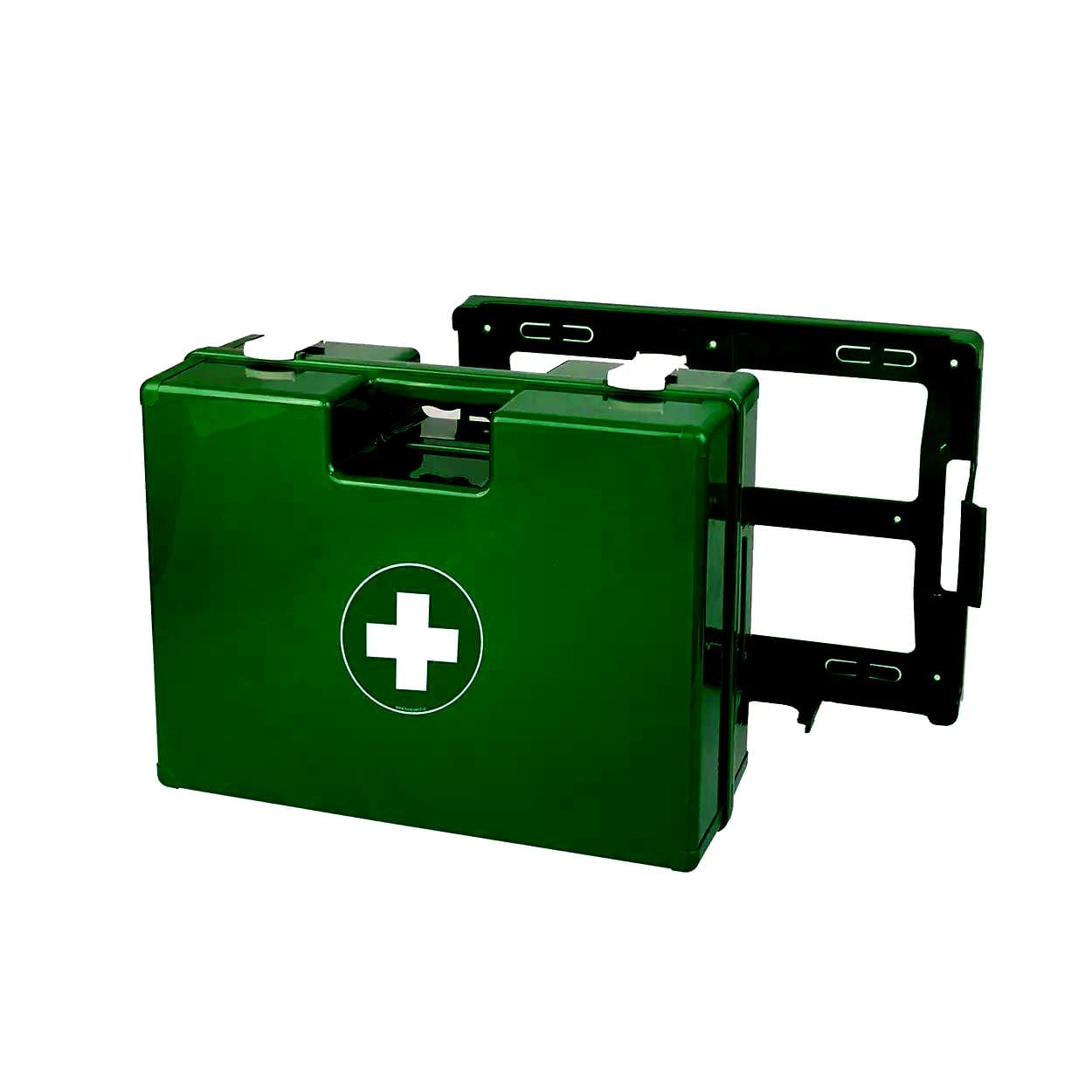 Zielona skrzynka pierwszej pomocy z białym krzyżem, w otwartej pozycji, wskazująca na dostępność środków awaryjnych. Idealna do zapewnienia bezpieczeństwa pracy i odpowiedniego reagowania w sytuacjach kryzysowych.