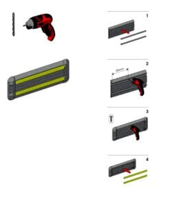Ilustracja pokazująca instrukcję montażu uchwytu narzędziowego z wkrętarką, przedstawiająca cztery kroki: umieszczenie prowadnic, przykręcanie do ściany, zamocowanie narzędzi oraz korzystanie z uchwytu. Zawiera elementy związane z bezpieczeństwem pracy i organizacją miejsca pracy.