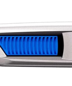 Element sprzętu w kolorze srebrnym z blue akcentami, chłodzącym systemem, związanym z bezpieczeństwem pracy i efektami ekologicznymi, podkreślającym nowoczesny design oraz funkcjonalność.