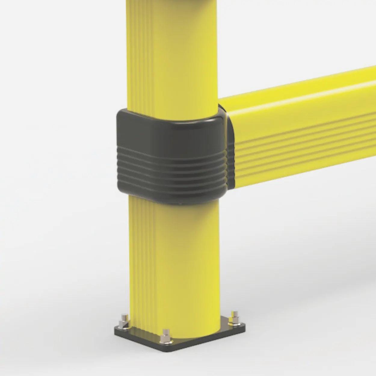 Zbliżenie na elementy konstrukcyjne w intensywnym żółtym kolorze, w tym gładkie rury zamocowane na podstawie oraz łączniki w kolorze czarnym, które zapewniają stabilność i bezpieczeństwo. Idealne rozwiązanie do zastosowań w zakresie bezpieczeństwa pracy oraz ochrony środowiska.