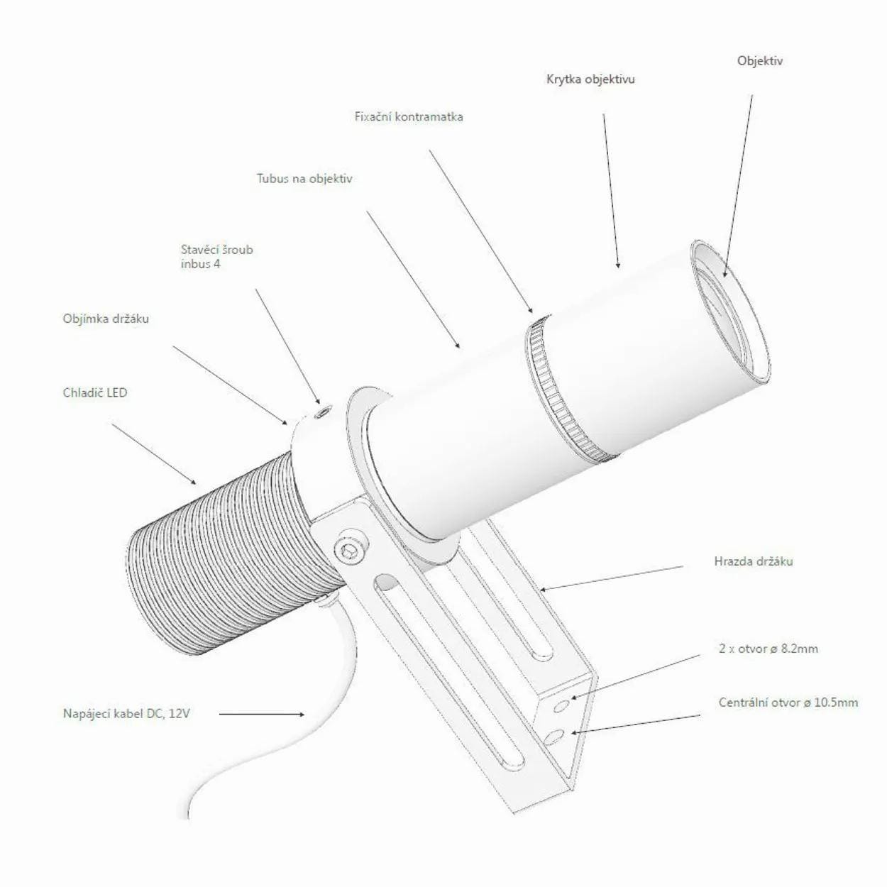 Schemat przedstawiający konstrukcję urządzenia optycznego, z oznaczeniami głównych elementów: obiektywu, chłodzenia LED, tubusu oraz stelaża. Używany w kontekście bezpieczeństwa pracy w ekologicznym monitorowaniu.