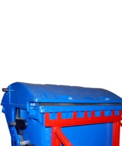 Granatowy pojemnik na odpady z czerwonymi elementami, używany w zarządzaniu odpadami. Odpowiednie środki awaryjne dla ochrony środowiska i efektywnej ekologii.