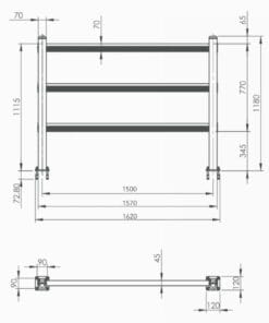 Rysunek techniczny przedstawiający wymiary zabezpieczeń. Wymiary pokazują wysokość 1115 mm, długość 1500 mm, 1570 mm i 1620 mm oraz grubości elementów. Przydatne w kontekście bezpieczeństwa pracy oraz ochrony środowiska.