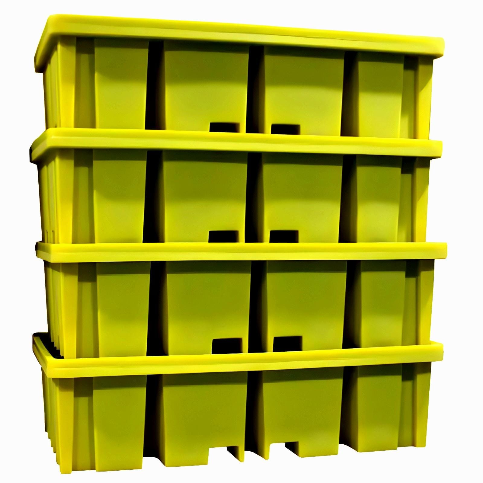 Trzy żółte pojemniki magazynowe, ułożone jeden na drugim, z widocznymi otworami do chwytania. Idealne do przechowywania i organizacji materiałów, wspierają bezpieczeństwo pracy i efektywność w zarządzaniu zasobami.