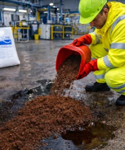 Pracownik w żółtym kombinezonie ochronnym nalewa sorbent EUSORB na plamę cieczy na podłodze zakładu przemysłowego. Akcja ilustruje środki awaryjne w przypadku wycieków, ważne dla bezpieczeństwa pracy i ochrony środowiska.