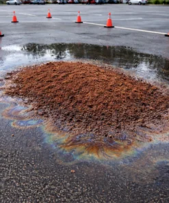 Plama oleju na parkingu, otoczona pomarańczowymi pachołkami. W centralnej części widać stertę brązowego materiału, a wokół niej odbija się tęczowa powierzchnia wody. Obraz ilustruje sytuację kryzysową, związaną z zanieczyszczeniem środowiska i potrzebą zastosowania środków awaryjnych.