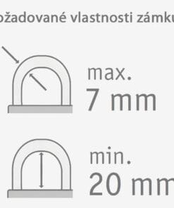 Ilustracja przedstawiająca wymagane właściwości zamka, z maksymalną wysokością 7 mm i minimalną 20 mm. Wskazuje na istotne parametry dla bezpieczeństwa zamków, co jest ważne w kontekście ochrony mienia i bezpieczeństwa pracy.